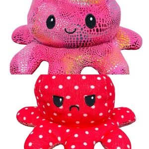 Reversible Happy Sad Angry Octopus Plush Rainbow Holographic Pink Polka Dots 10"
